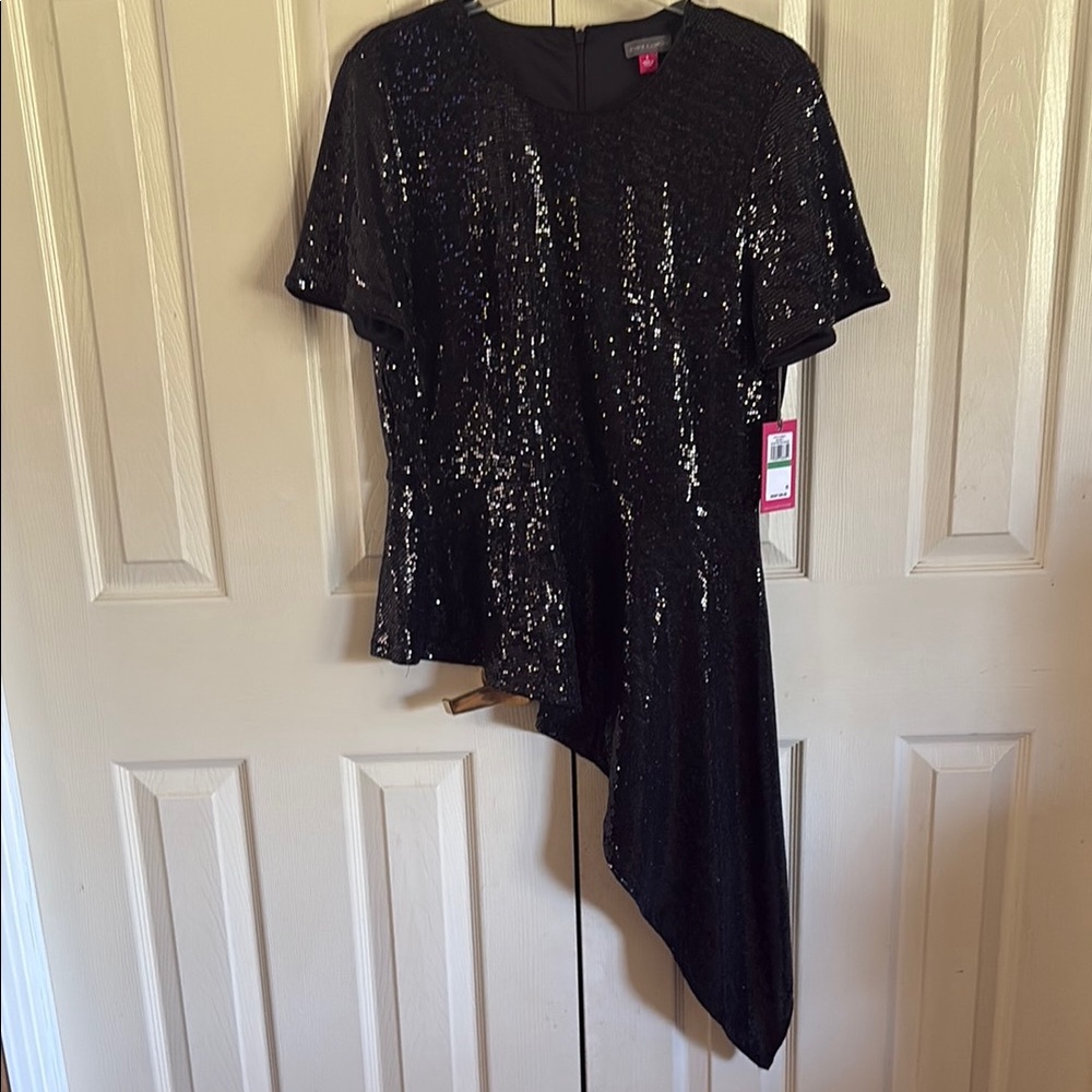 Vince Camuto Black Sequin Asymmetrical Blouse